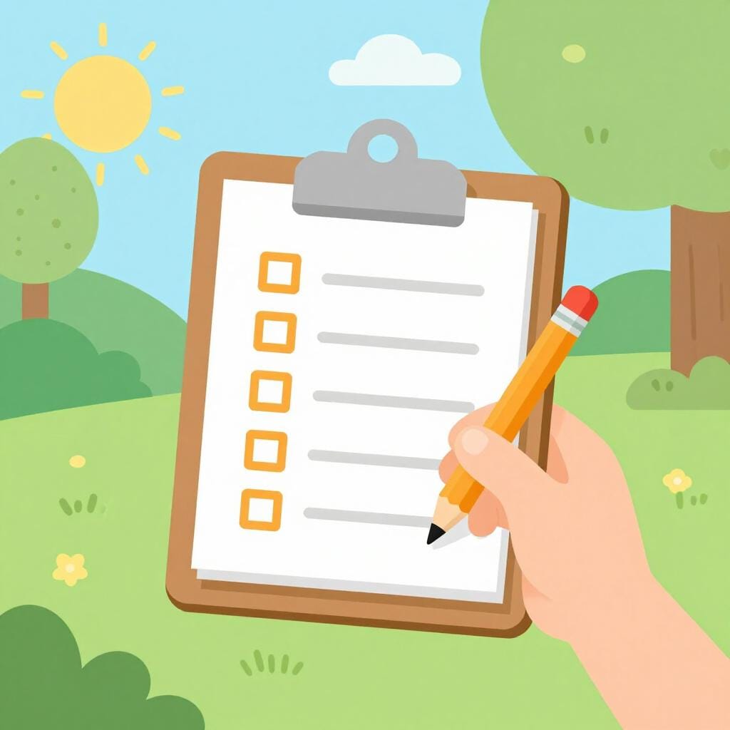 Eine freundliche Person hält eine Klemmbrett und einen Stift, hakt Punkte ab und spricht mit einer anderen Person in einem Park.