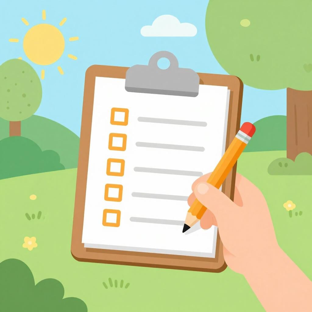 A friendly person holding a clipboard and a pencil, checking off items while talking to another person in a park.