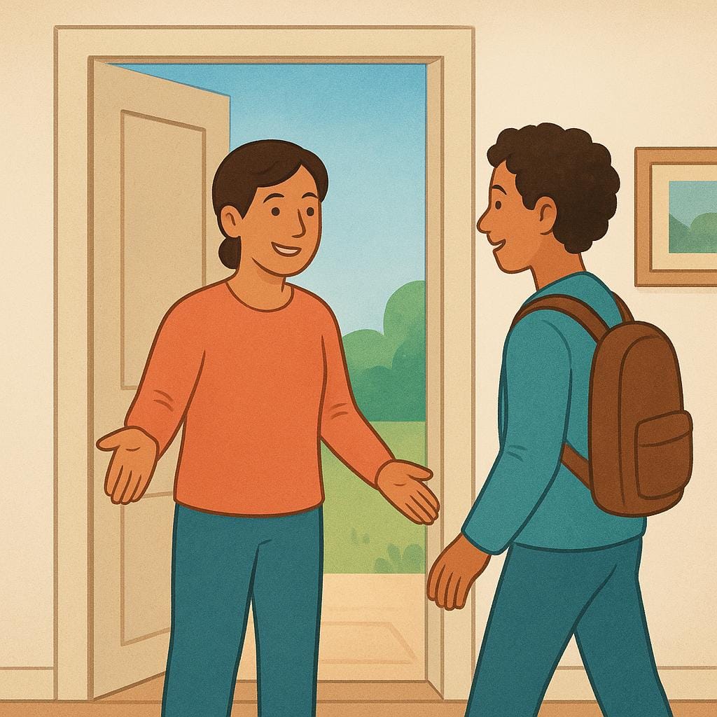 A person warmly welcoming a visitor at a doorway with an outstretched hand and a friendly smile.