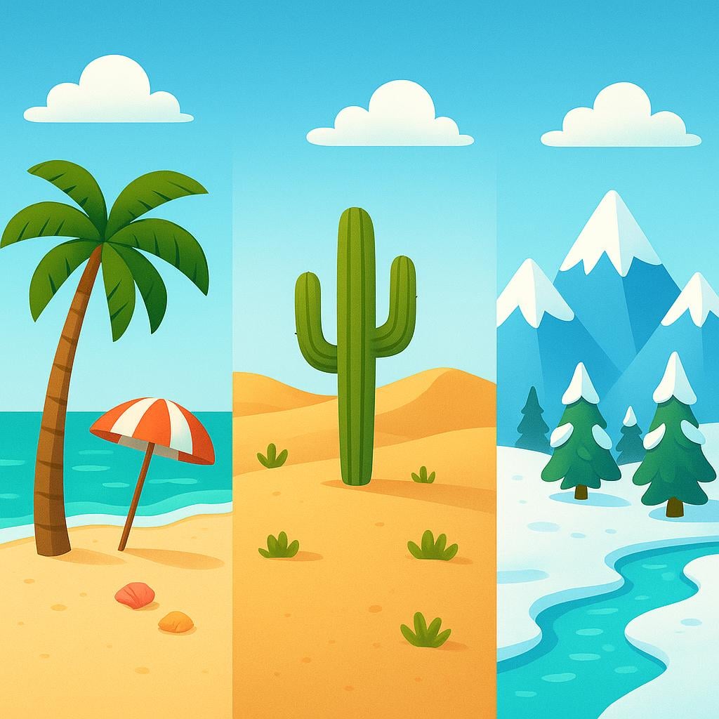 A colorful storybook illustration showing three distinct geographical zones side-by-side: a sunny beach, a dry desert, and a snowy mountain, representing the variety of global climates.