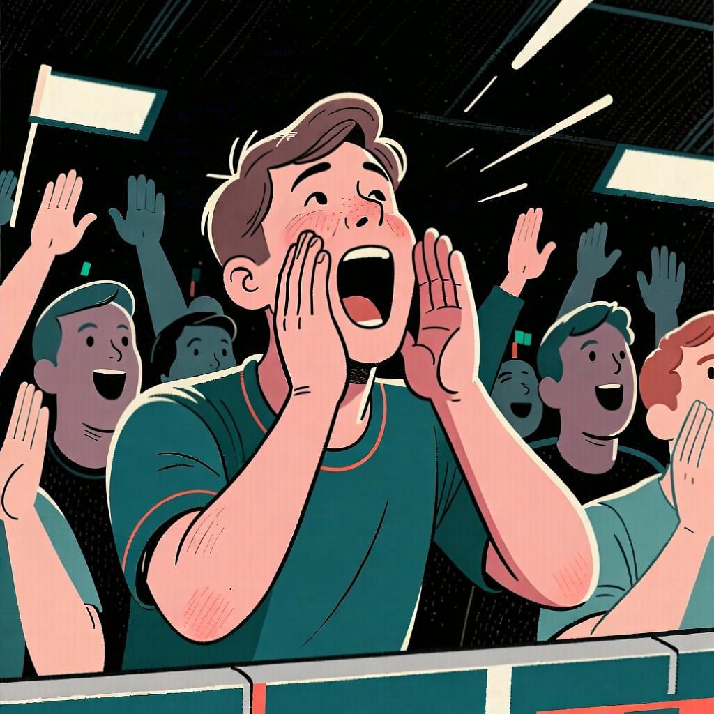 A fan at a sports game cheering enthusiastically, representing encouragement and excitement.