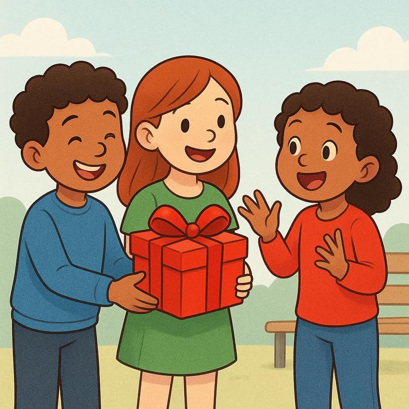 A colorful storybook illustration showing two individuals smiling as they jointly offer a brightly wrapped red present to a third person, symbolizing a future act of giving.