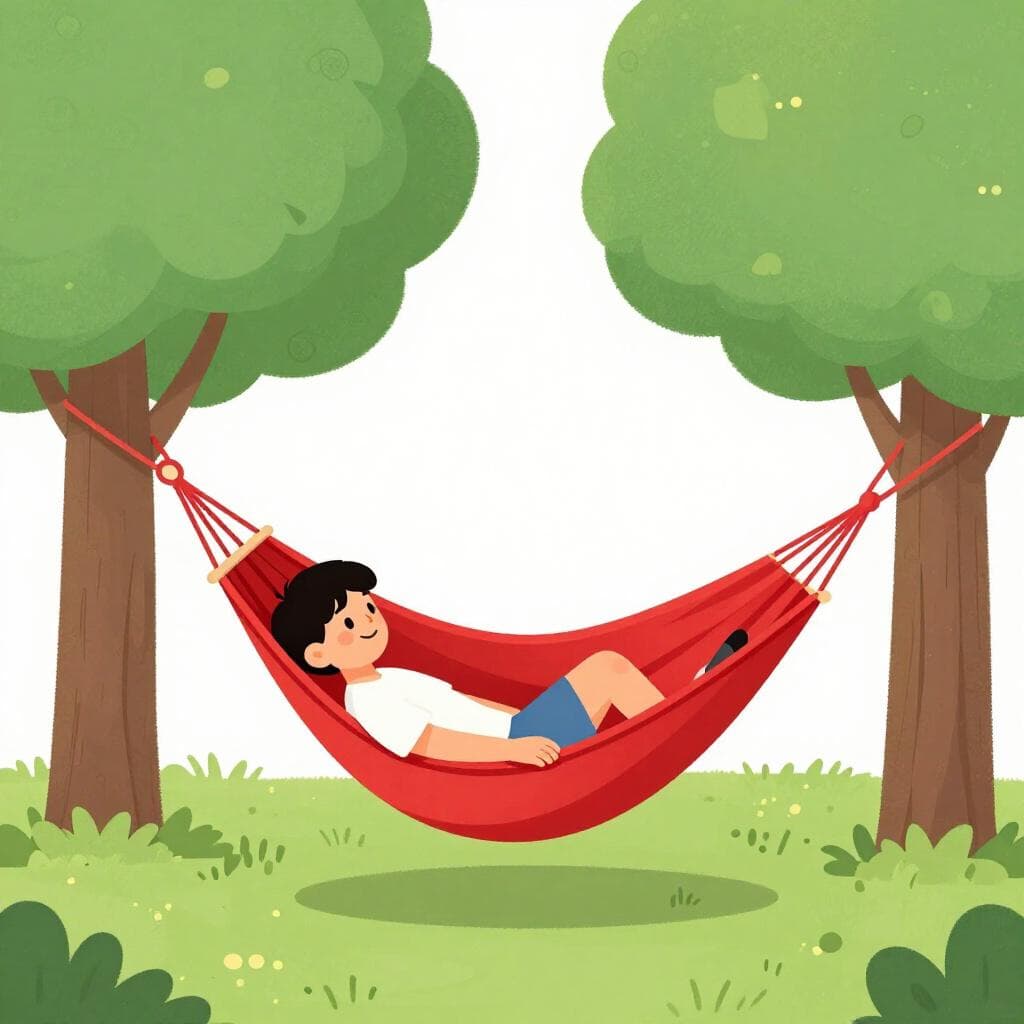 Uma ilustração colorida mostrando uma pessoa alegre descansando pacificamente em uma rede vermelha brilhante amarrada entre duas árvores verdes em um dia ensolarado.