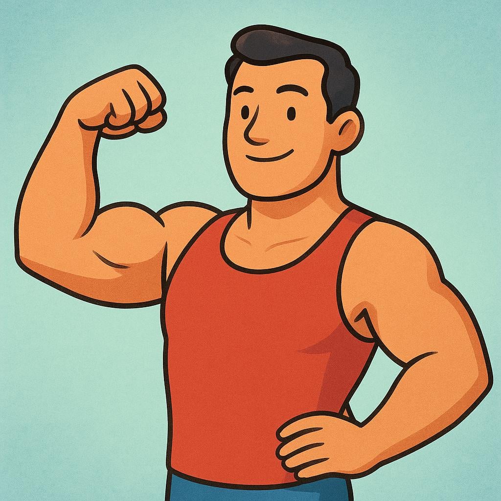 A muscular man wearing a simple tank top, flexing his bicep assertively.