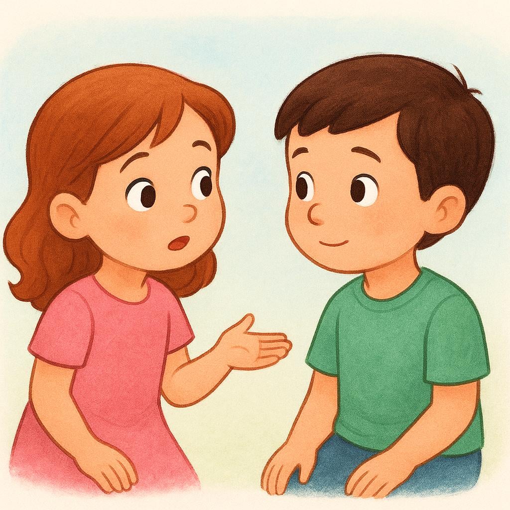 A simple storybook illustration showing a young girl leaning slightly towards a young boy, extending her hand in an open, inquisitive gesture, representing the act of asking him a question.