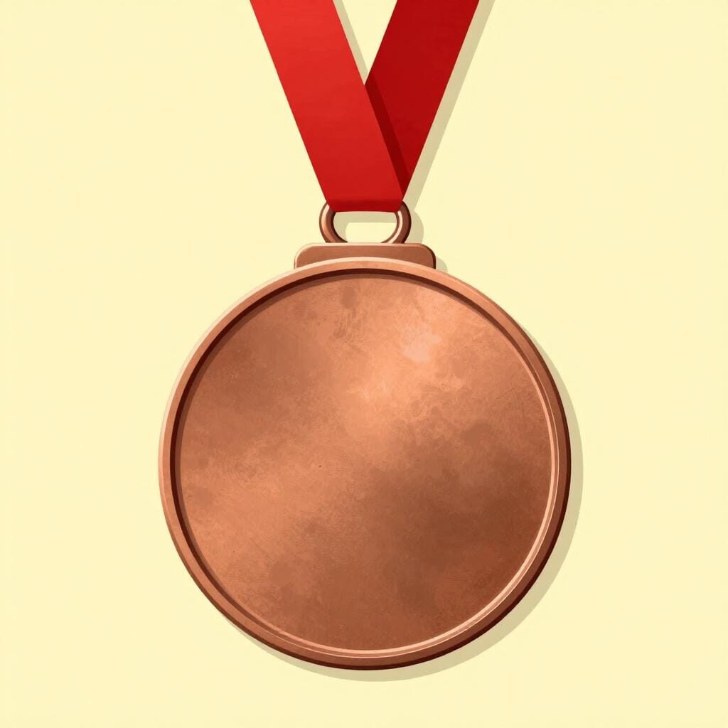 A shiny bronze medal with a simple ribbon.