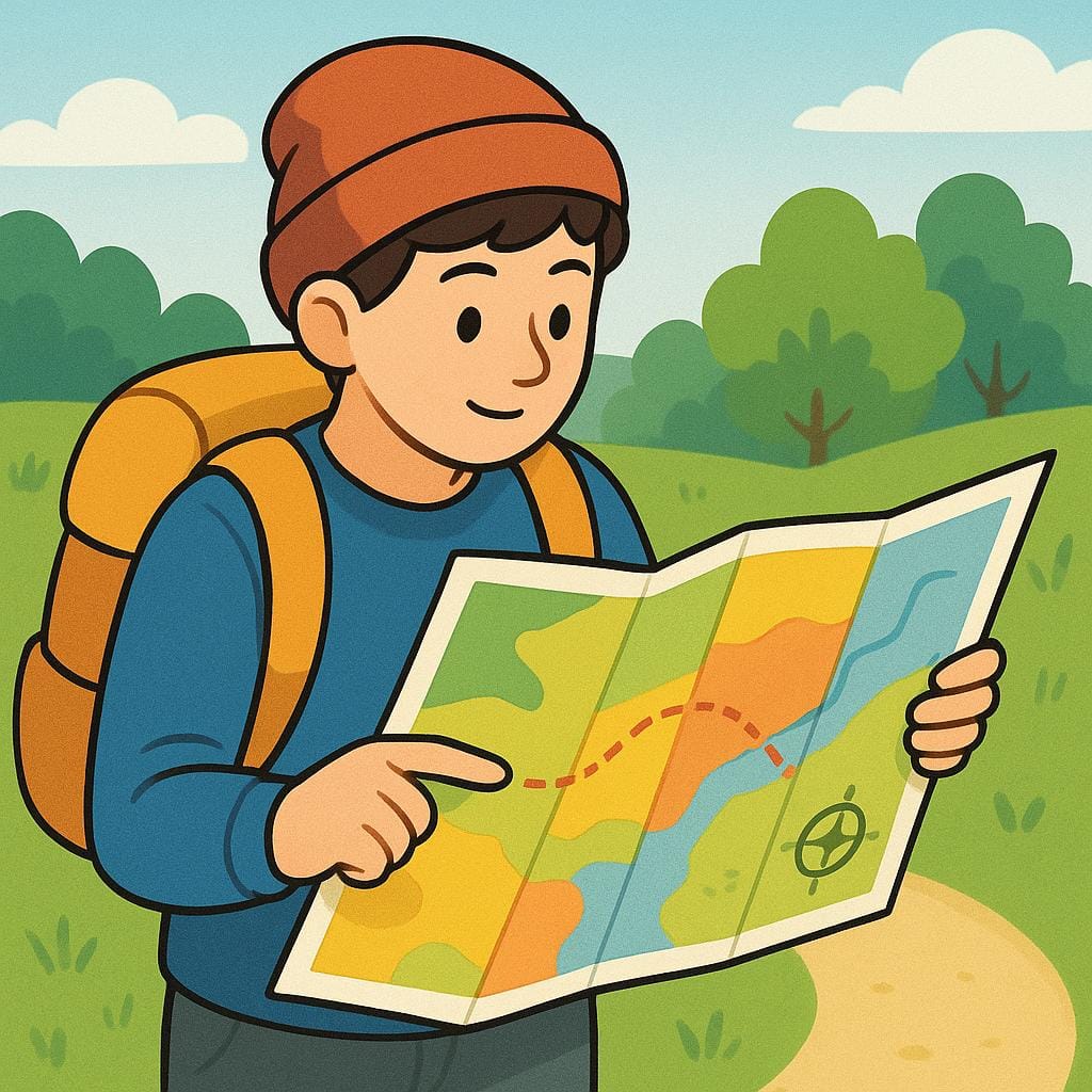 A traveler holding a large, unfolded, colorful map and carefully examining the routes with their finger.