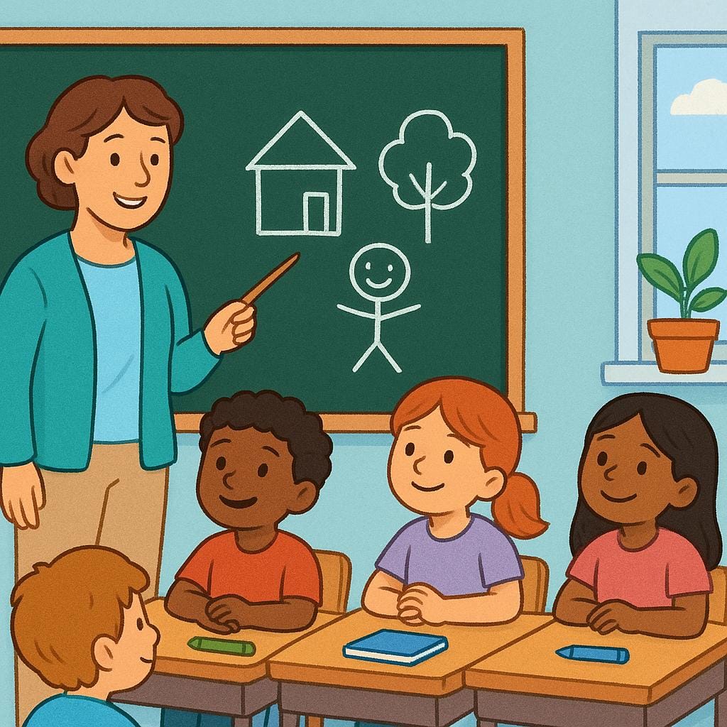 A storybook illustration showing a friendly teacher standing next to a chalkboard, pointing to a simple drawing, while a few happy students sit at desks looking attentive during a lesson.
