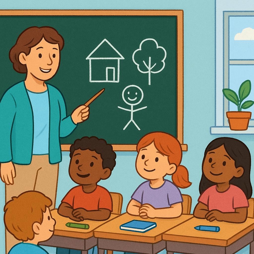 A storybook illustration showing a friendly teacher standing next to a chalkboard, pointing to a simple drawing, while a few happy students sit at desks looking attentive during a lesson.