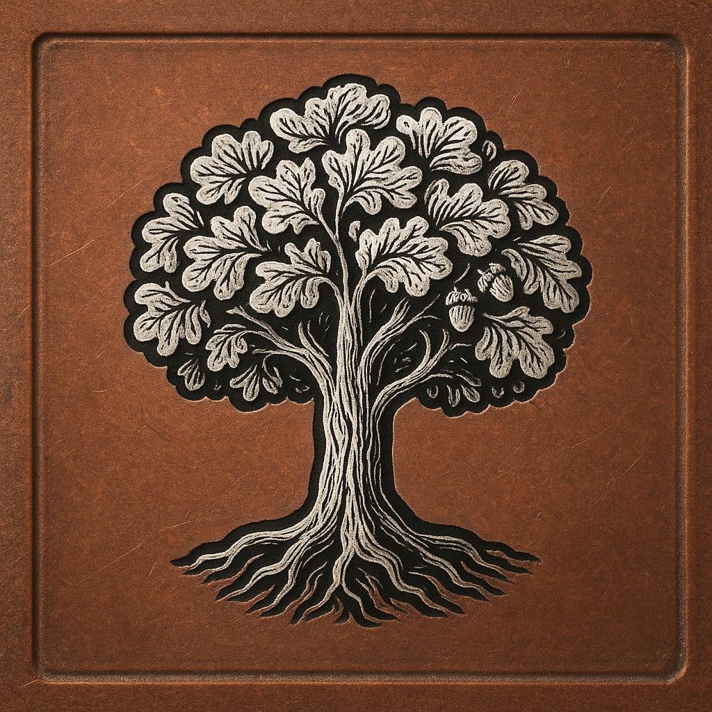 A close-up view of a square copper plate with a highly detailed illustration of a single stylized oak tree carved deeply into the surface.