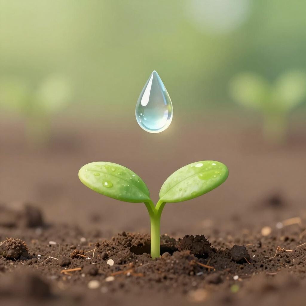 Une goutte d'eau tombant sur une petite pousse verte.
