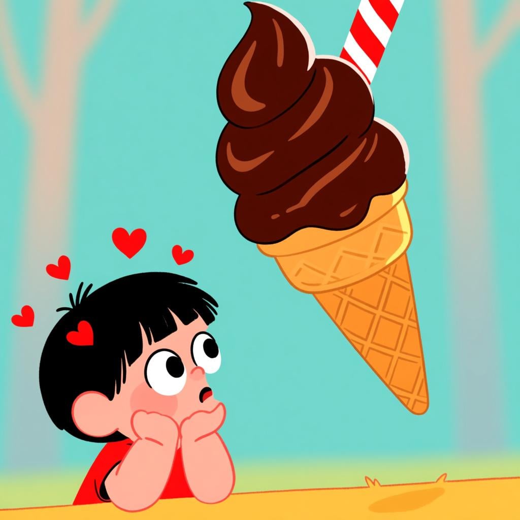 A child eagerly reaching out with intense desire toward a massive, perfect chocolate ice cream cone, symbolizing a strong craving.