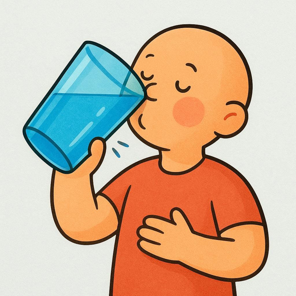 A simple illustration of a figure drinking liquid from a large blue glass.