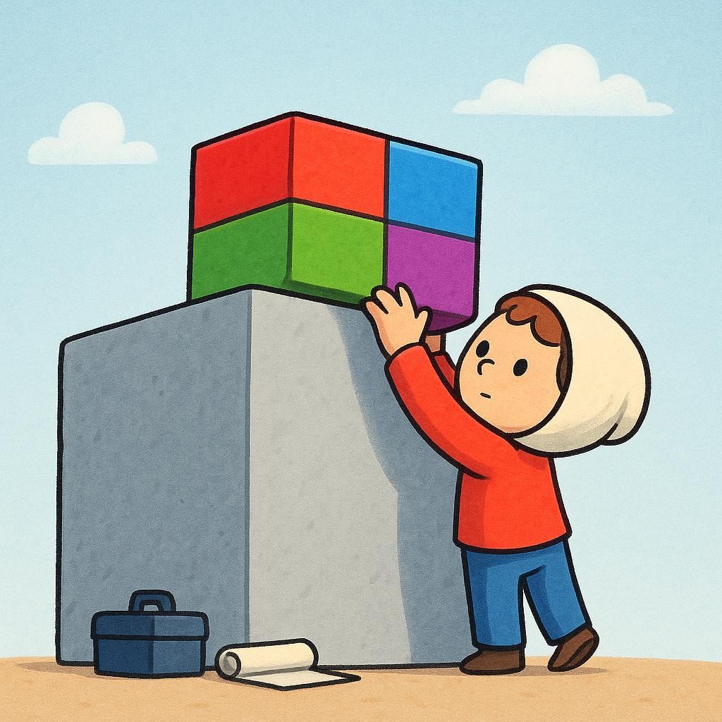 A small, determined figure wearing a hardhat, laying the foundation bricks for a large, colorful structure, illustrating the start of a major undertaking.