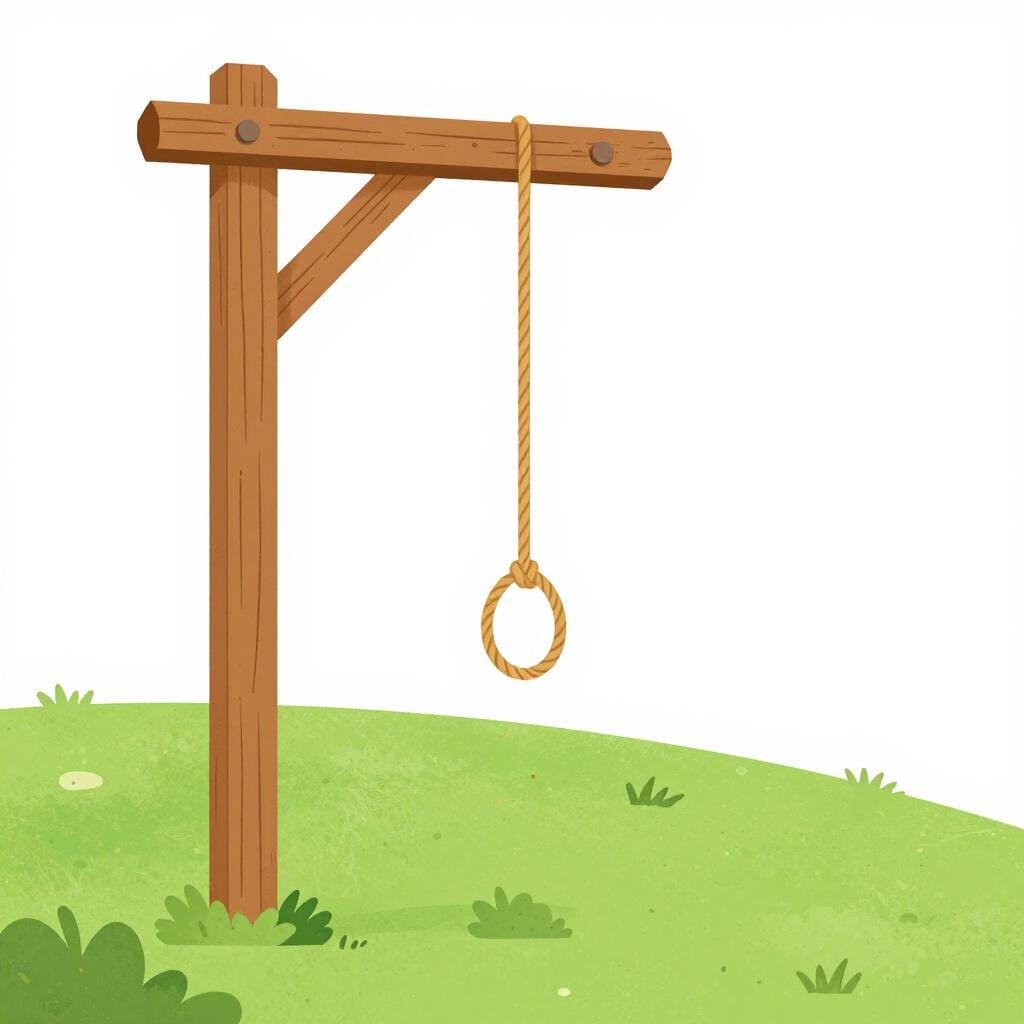 A wooden gallows structure standing alone against a clear sky.