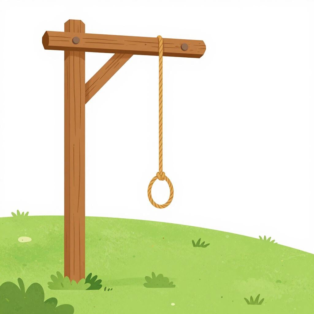 A wooden gallows structure standing alone against a clear sky.