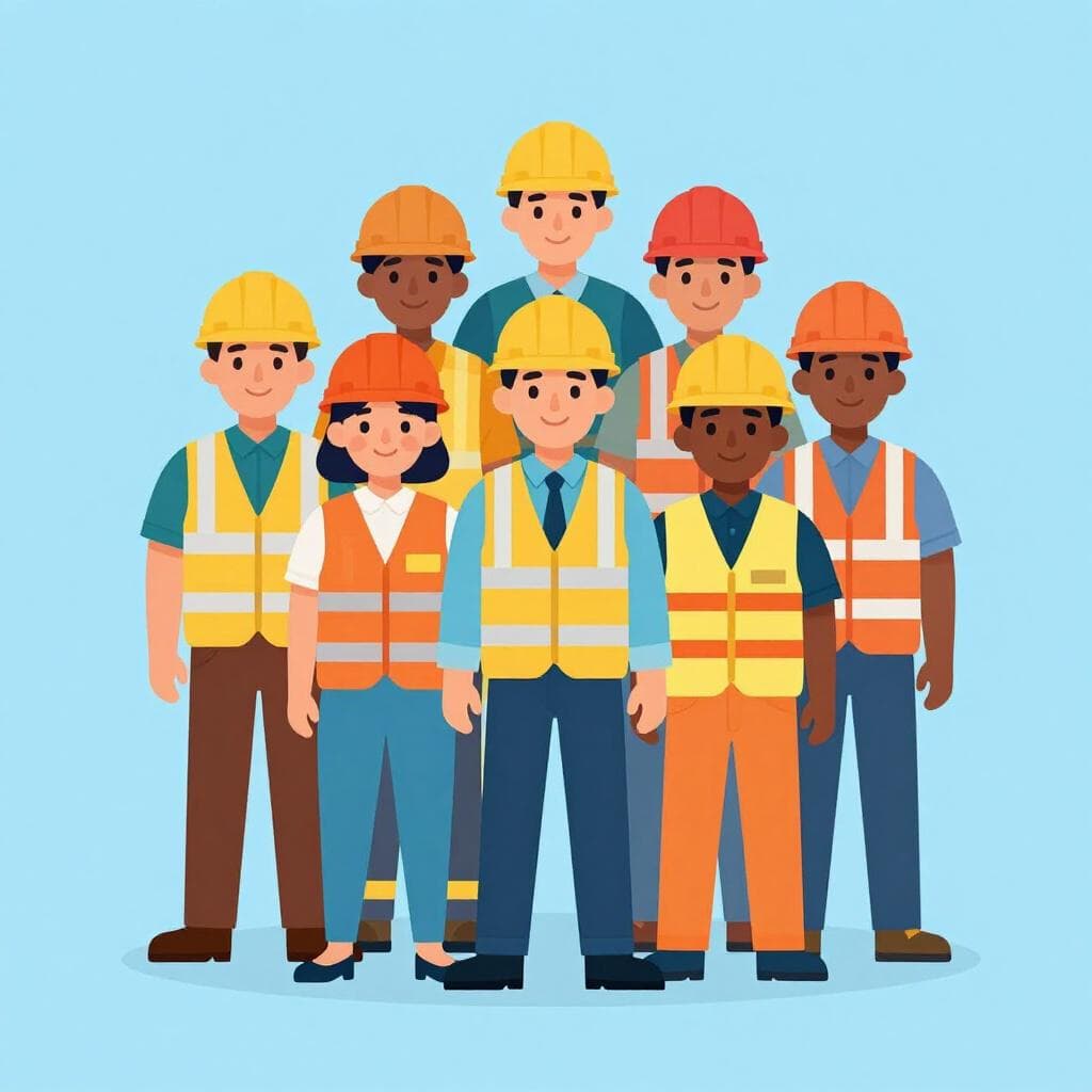 Um grupo de trabalhadores diversos em uniformes coloridos e equipamentos de segurança, em pé ombro a ombro para mostrar solidariedade.