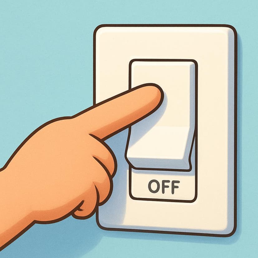 A close-up of a cartoon hand pressing a white light switch down into the 'off' position, symbolizing turning a device off.