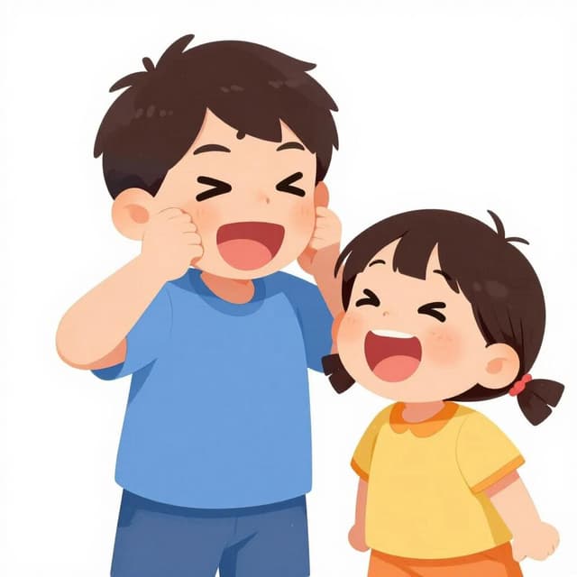 A child playfully pulling a funny face and sticking their tongue out at a friend who is laughing.