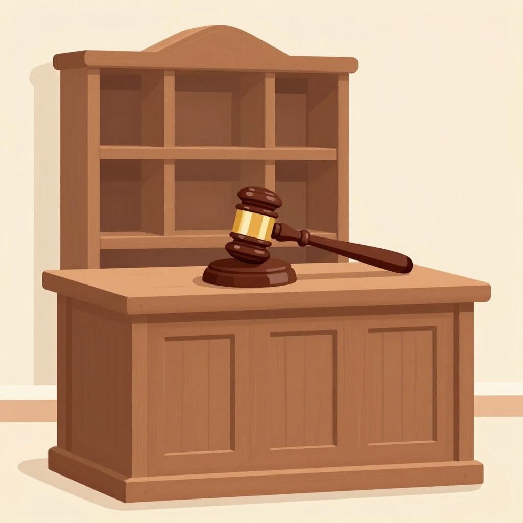 Un banc et un bureau en bois hauts et surélevés, représentant le siège du juge dans une salle d'audience. Un grand maillet en bois brun repose sur le bureau.