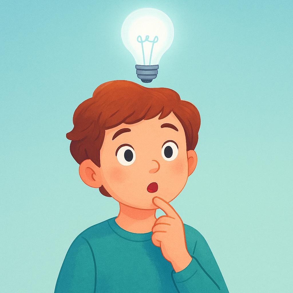 A colorful storybook illustration showing a young person with an expression of sudden realization. A bright, glowing yellow lightbulb is floating directly above their head, signifying the moment knowledge was acquired.