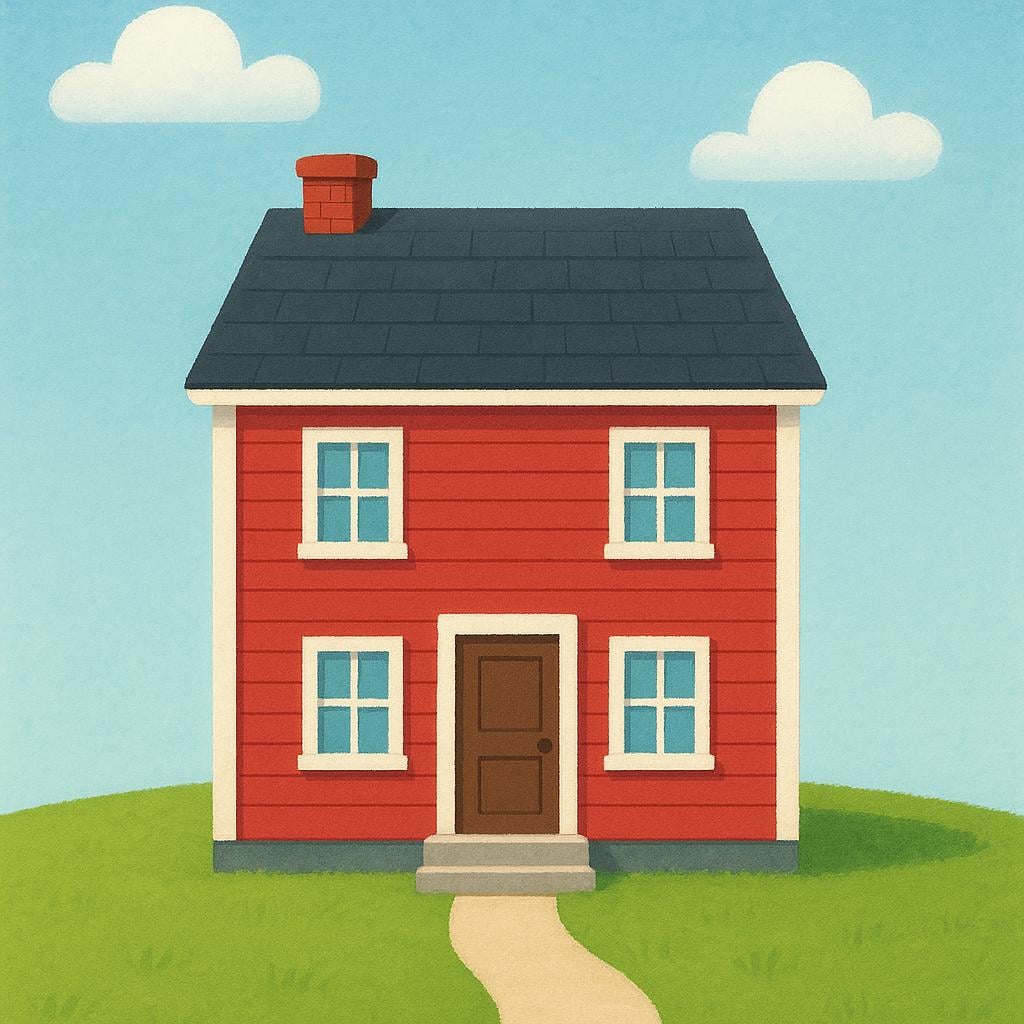 A colorful storybook illustration of a simple two-story house with a prominent entrance door located clearly on the ground floor level.