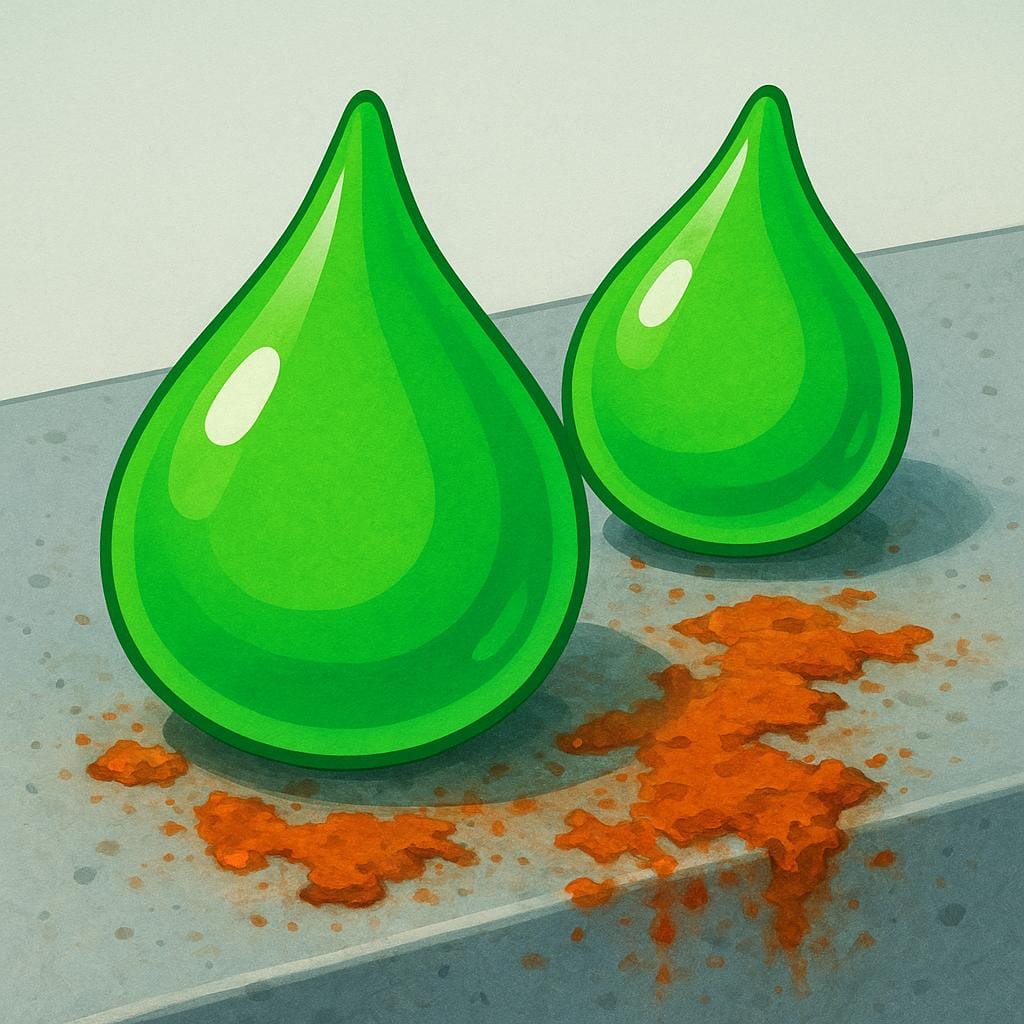 Due gocce liquide stilizzate distinte appoggiate su una superficie metallica, che causano visibili ruggine arancione e pitting sotto di esse, simboleggiando la corrosione.