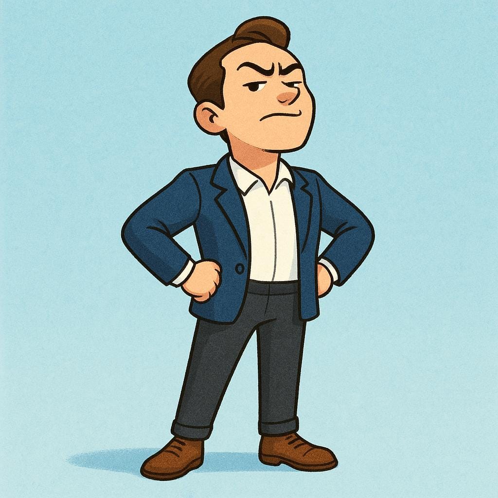 A cartoon illustration of a man with a superior expression, chin lifted high, standing with his chest puffed out, and arms crossed, demonstrating arrogance.