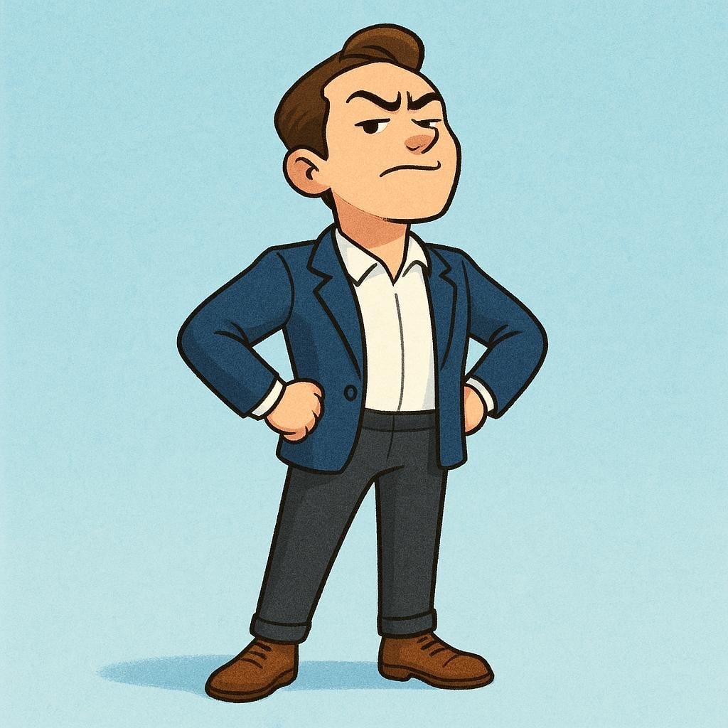 A cartoon illustration of a man with a superior expression, chin lifted high, standing with his chest puffed out, and arms crossed, demonstrating arrogance.
