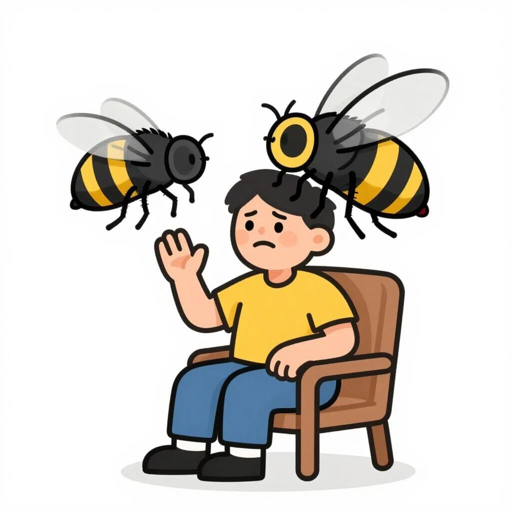 A person trying to read a book while a small fly repeatedly circles their head and lands on their nose.