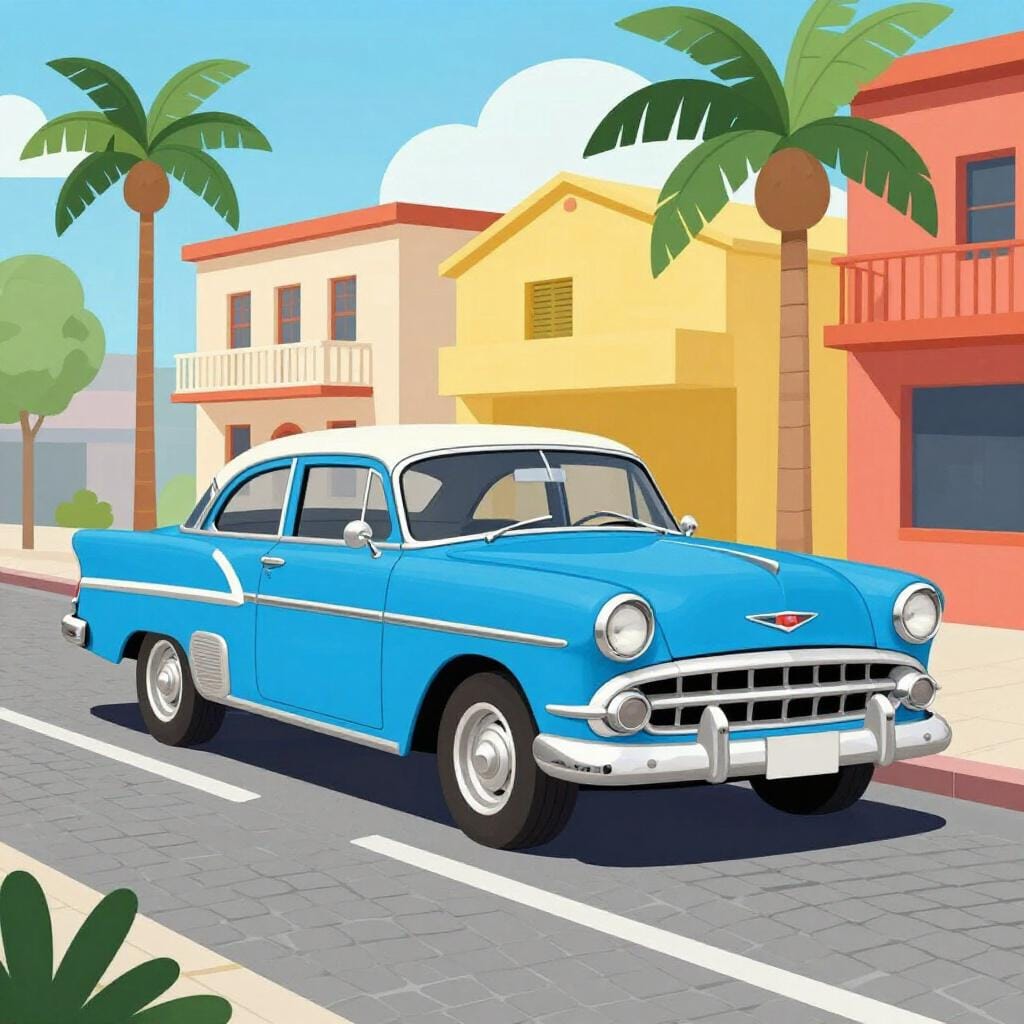A classic bright blue vintage car parked on a colorful street with palm trees.