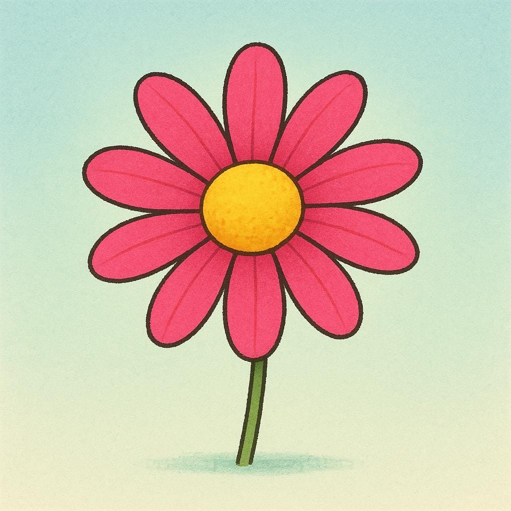 A high quality storybook illustration of a single, vibrant pink daisy with a bright yellow center, set against a soft, simple green background.