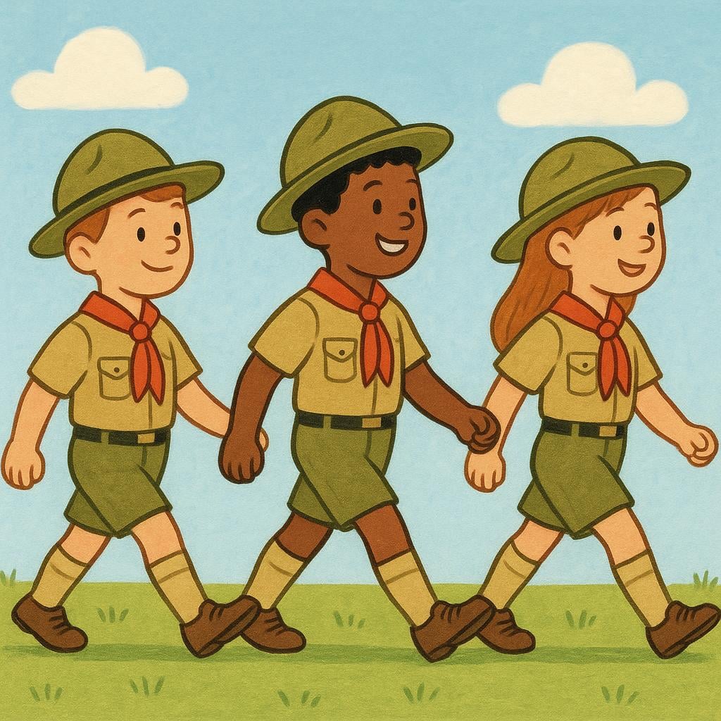 A line of three cartoon figures, perhaps soldiers or scouts, walking in step with determined expressions.