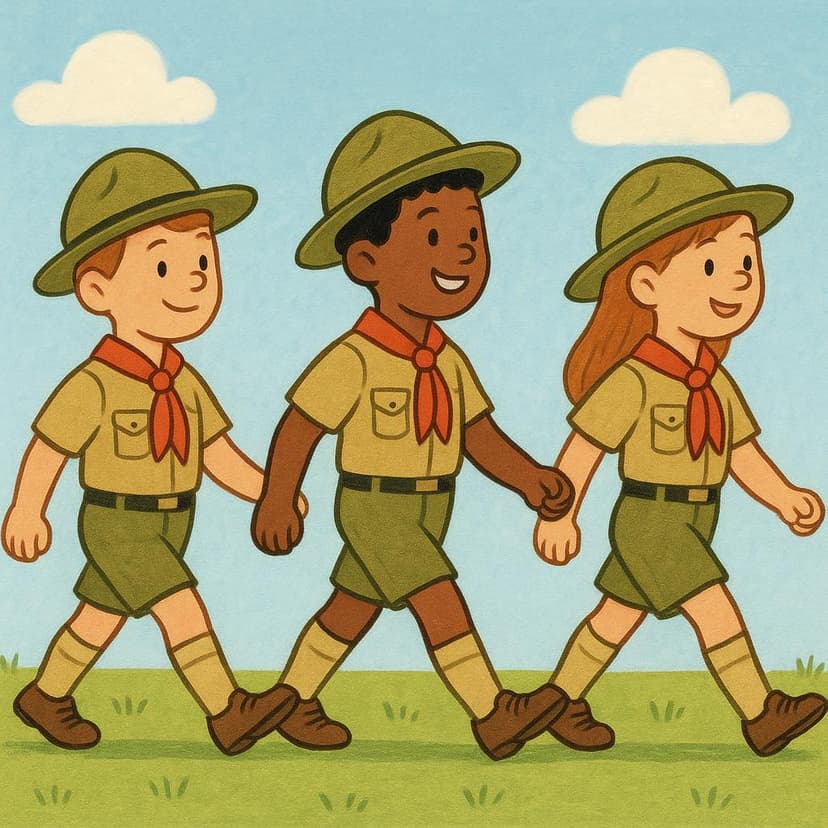A line of three cartoon figures, perhaps soldiers or scouts, walking in step with determined expressions.