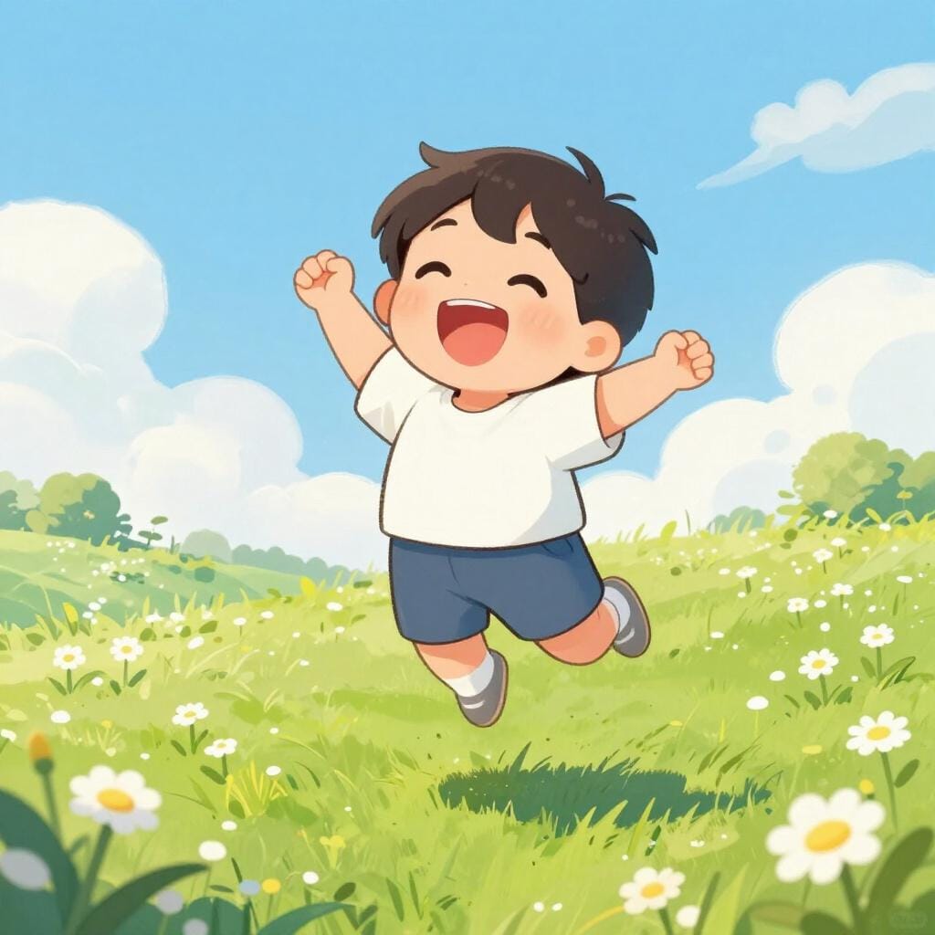 Ein Kind mit einem breiten Lächeln, das auf einem Blumenfeld springt.