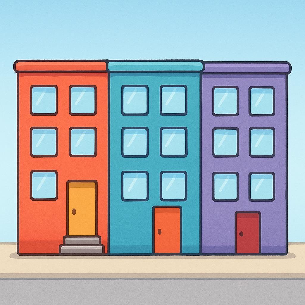A colorful storybook illustration showing a row of three distinct, simple rectangular buildings side by side, representing multiple separate offices.