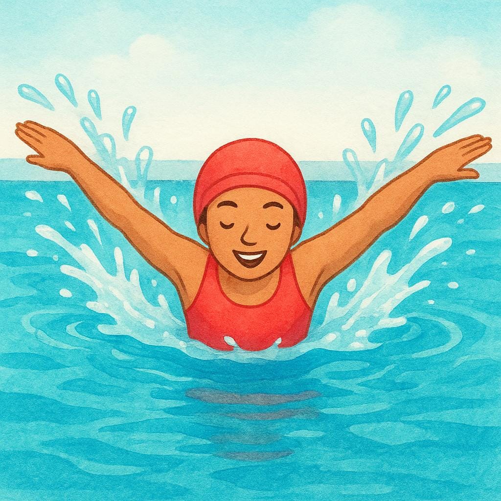 A swimmer in a pool performing the butterfly stroke with arms spread wide like wings.