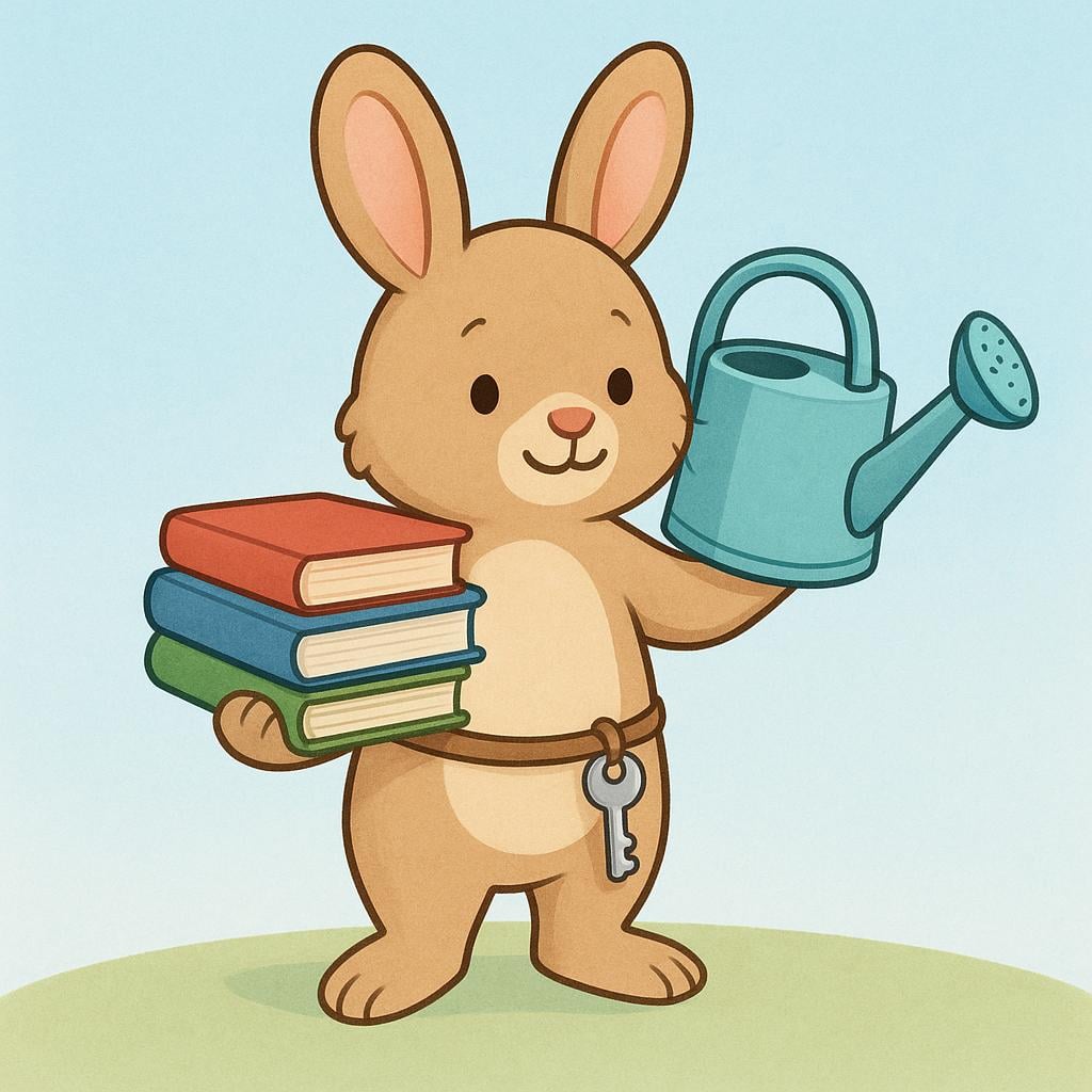A friendly, simple character, like a small bear cub, balancing three distinct symbolic objects (a stack of books, a watering can, and a small key) in its arms, illustrating the concept of managing multiple duties.