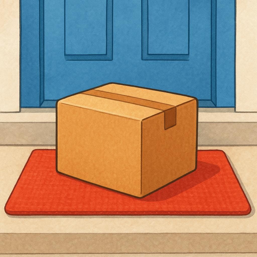 A simple illustration showing a sealed brown package sitting on a welcome mat in front of a residential door, signifying delivery.
