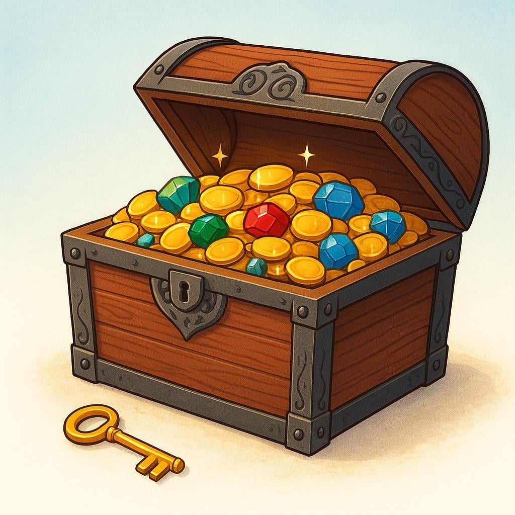 A small, ornate golden key resting beside a large open treasure chest overflowing with gold coins and jewels.