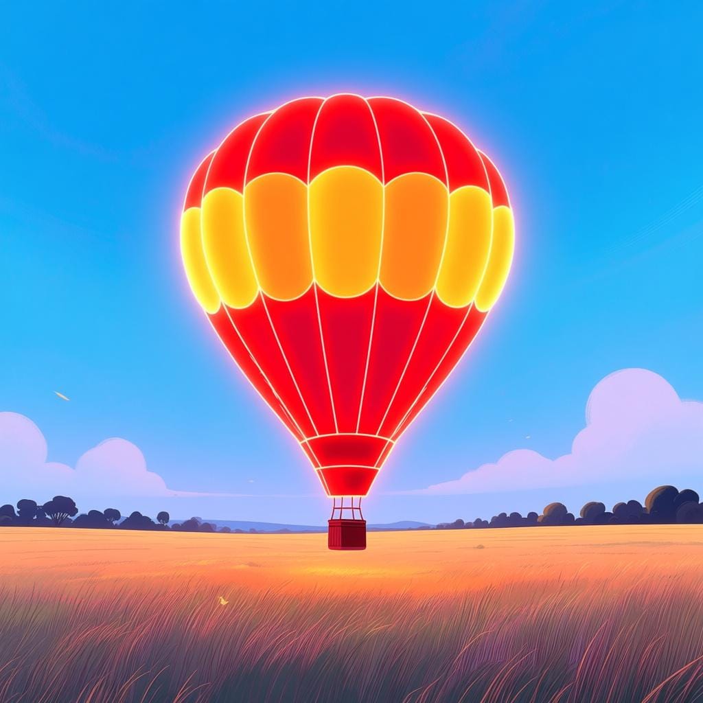 Un vasto campo verde aperto sotto un cielo azzurro limpido. Un grande contorno luminoso di una mongolfiera è sovrapposto al centro, a simboleggiare un'esistenza futura.