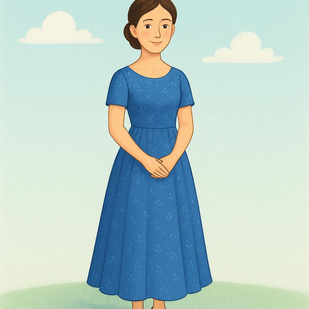 A woman wearing an elegant dress and holding a small handbag, smiling politely.