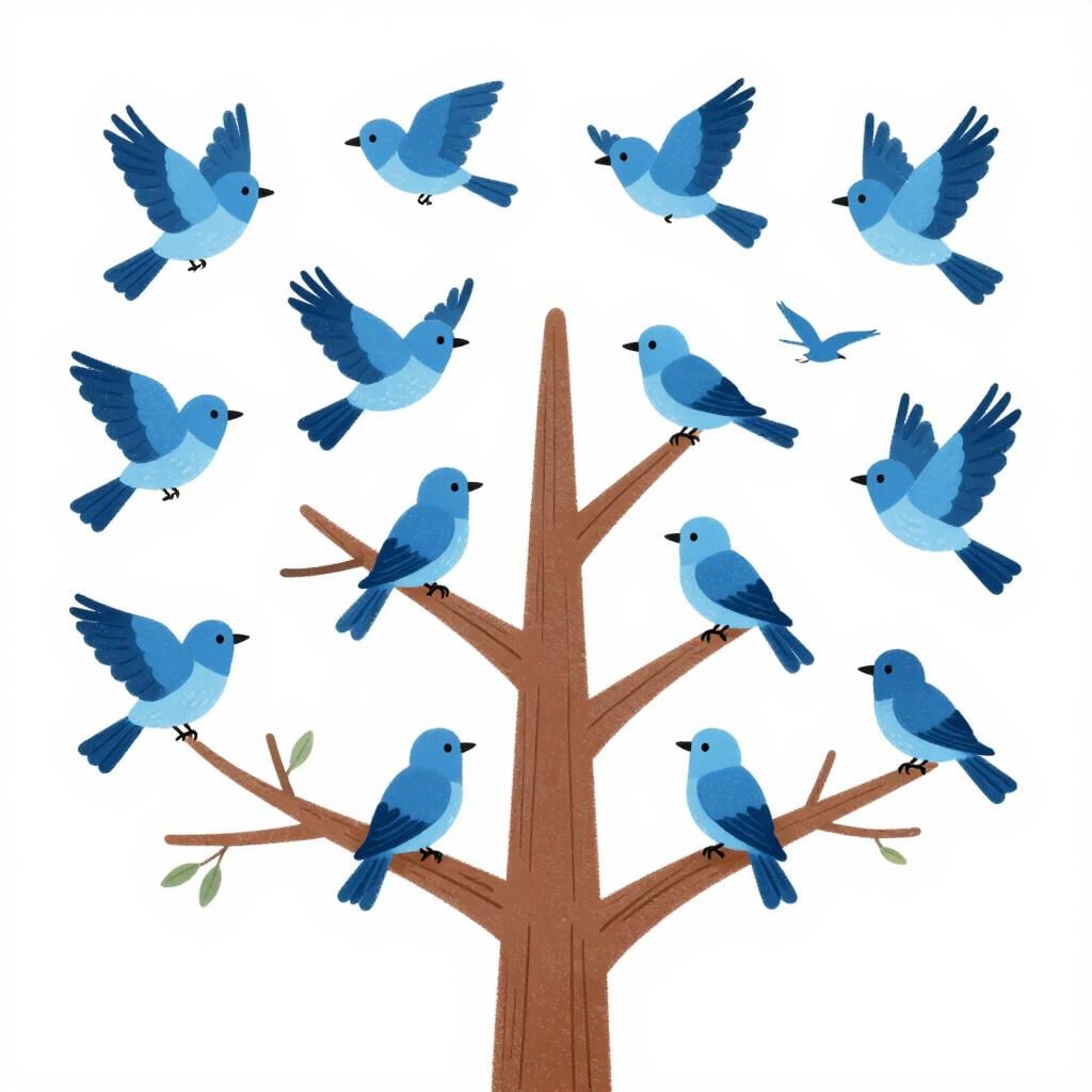 A large group of colorful birds all landing together on a single green tree branch.