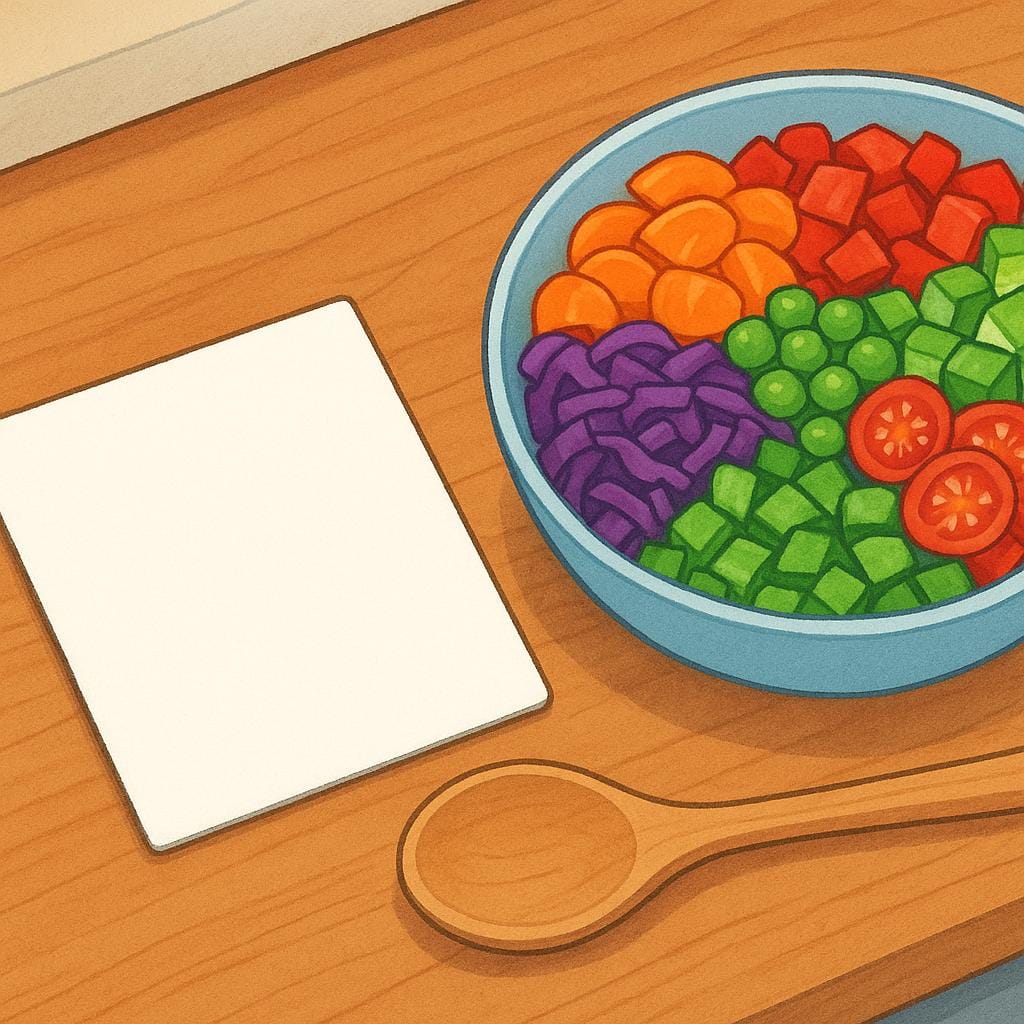 A simple white index card resting on a wooden kitchen counter next to a wooden spoon and a bowl filled with colorful chopped vegetables.