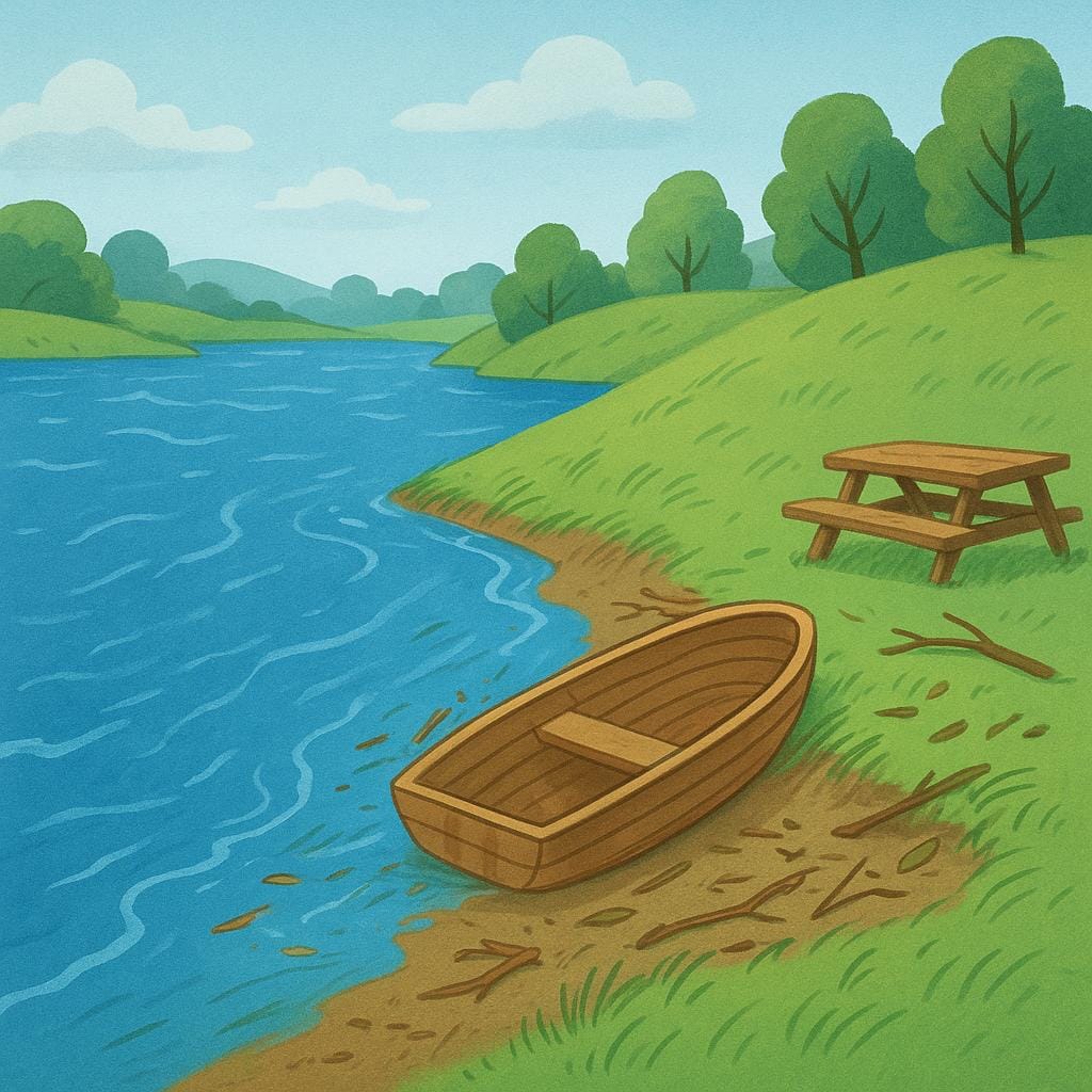 Een brede, blauwe rivier met water dat zichtbaar buiten zijn normale oevers treedt, wat een hoog waterpeil tegen de grasachtige oever laat zien.