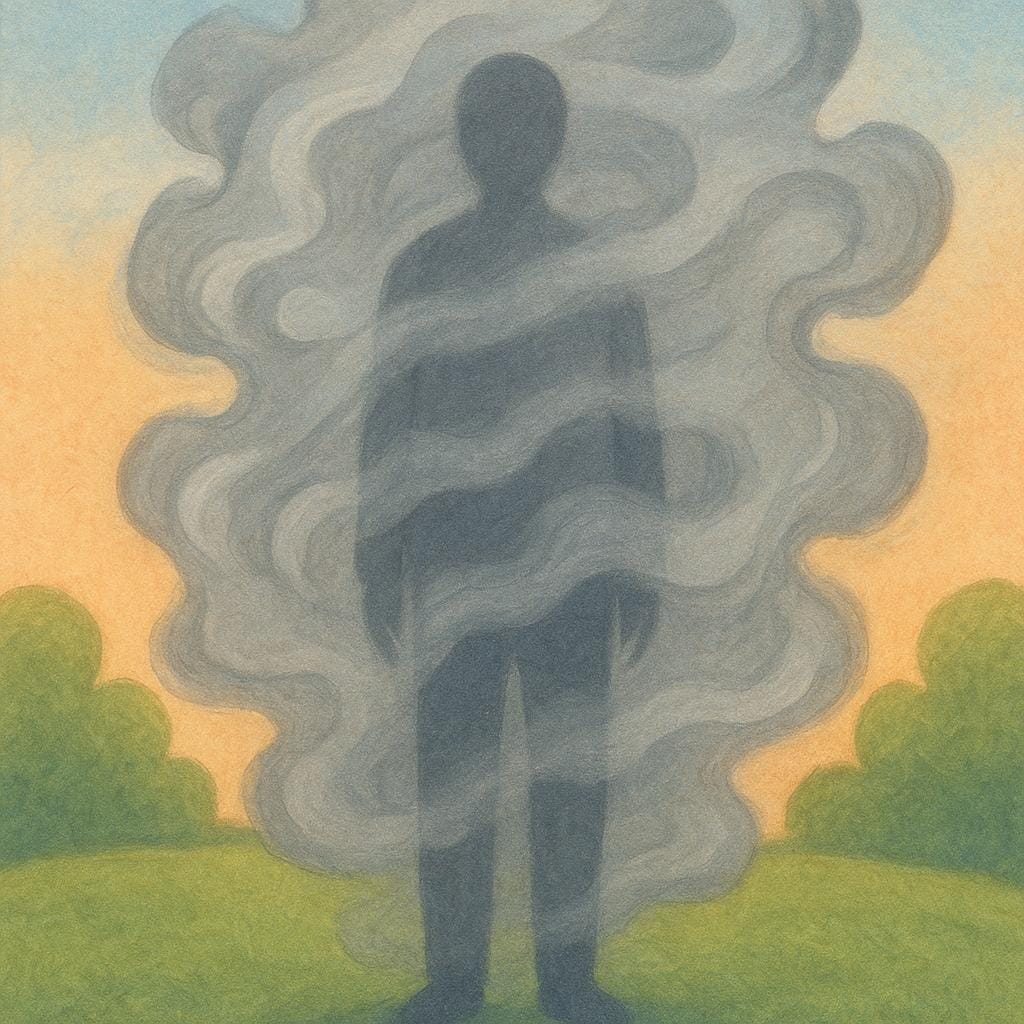 A simple illustration of a person standing behind a sheer, semi-transparent curtain or veil, making their features indistinct and unrecognizable, symbolizing obscurity.