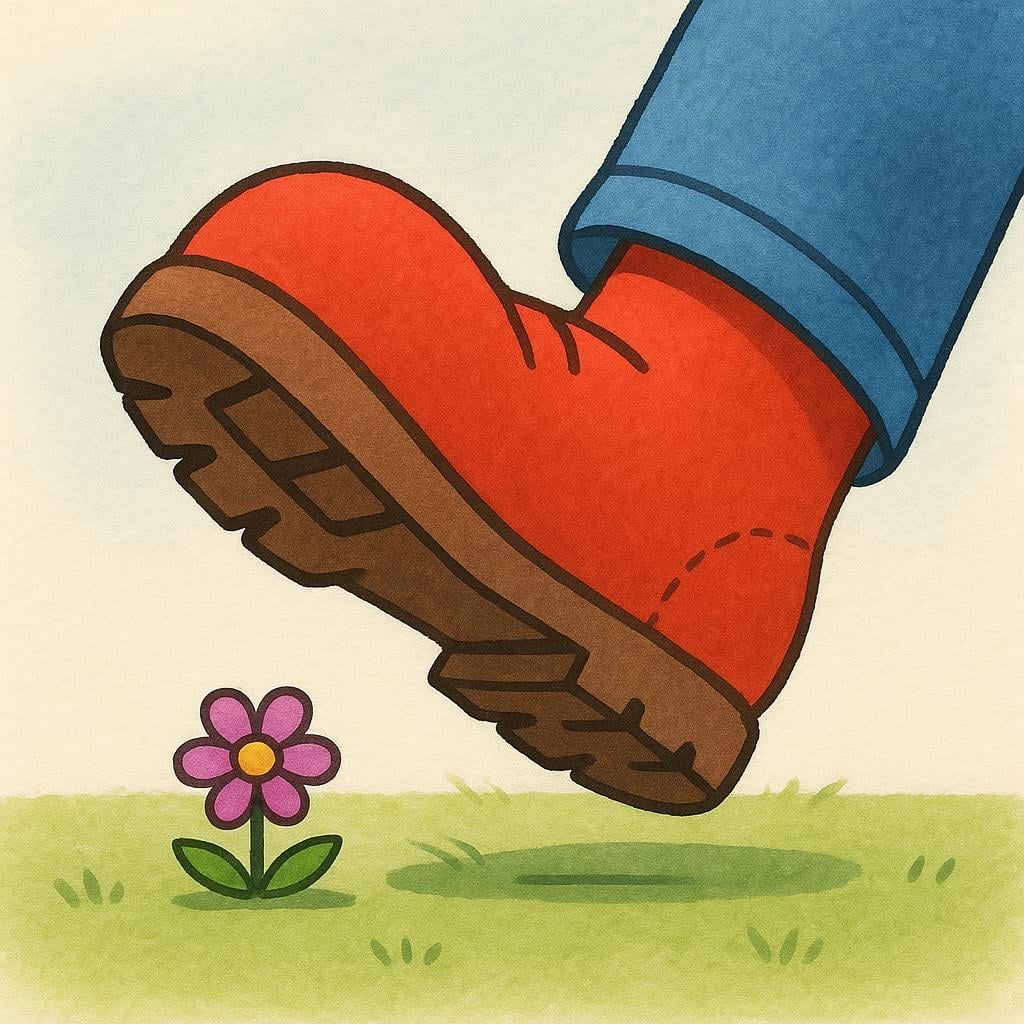 Een vereenvoudigde illustratie gericht op een schoen van een persoon die stevig op een kleine, platte bloem drukt, wat de actie van 'op iets stappen' illustreert.