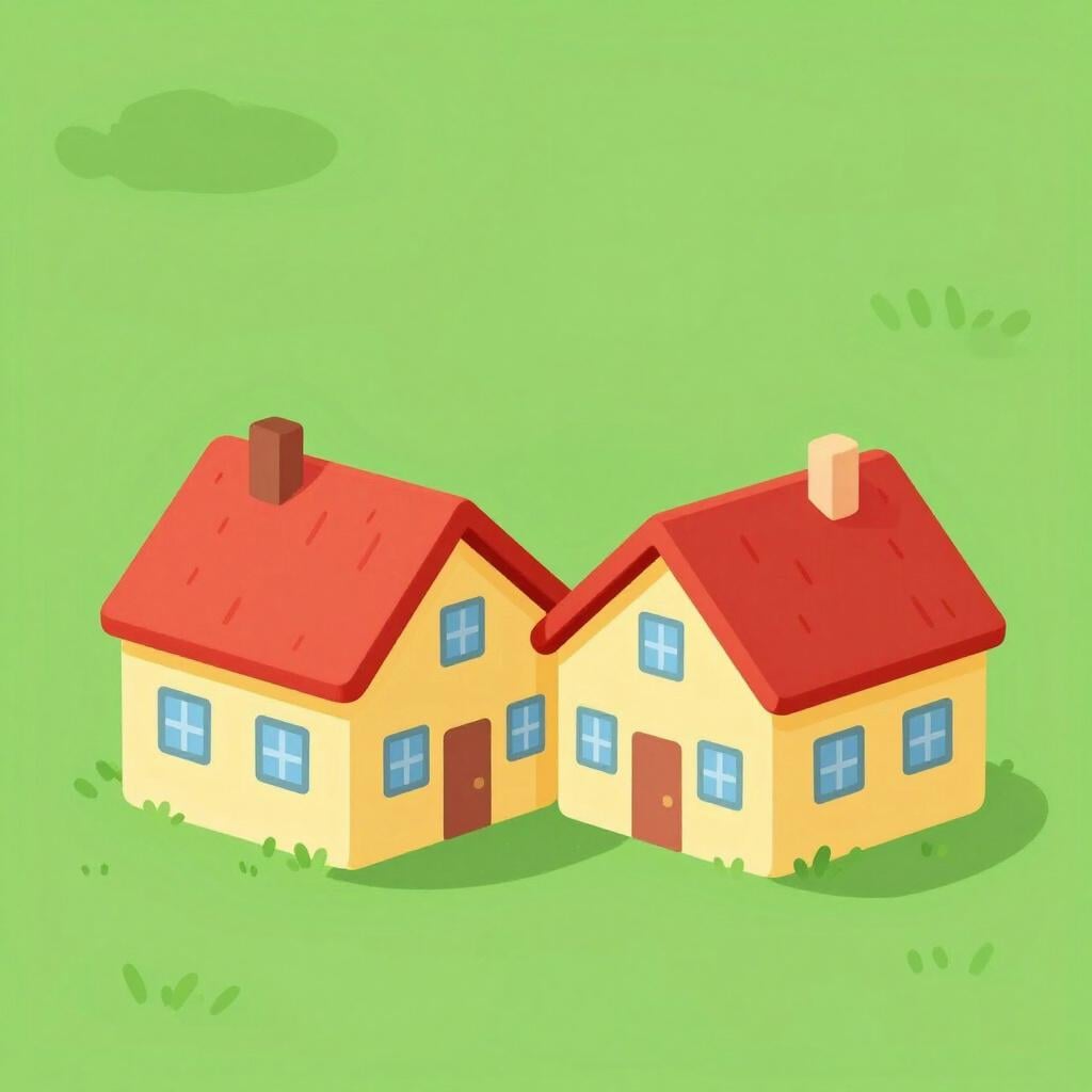 Two small identical houses with red roofs and yellow walls sitting side-by-side on a green lawn with no space between them.