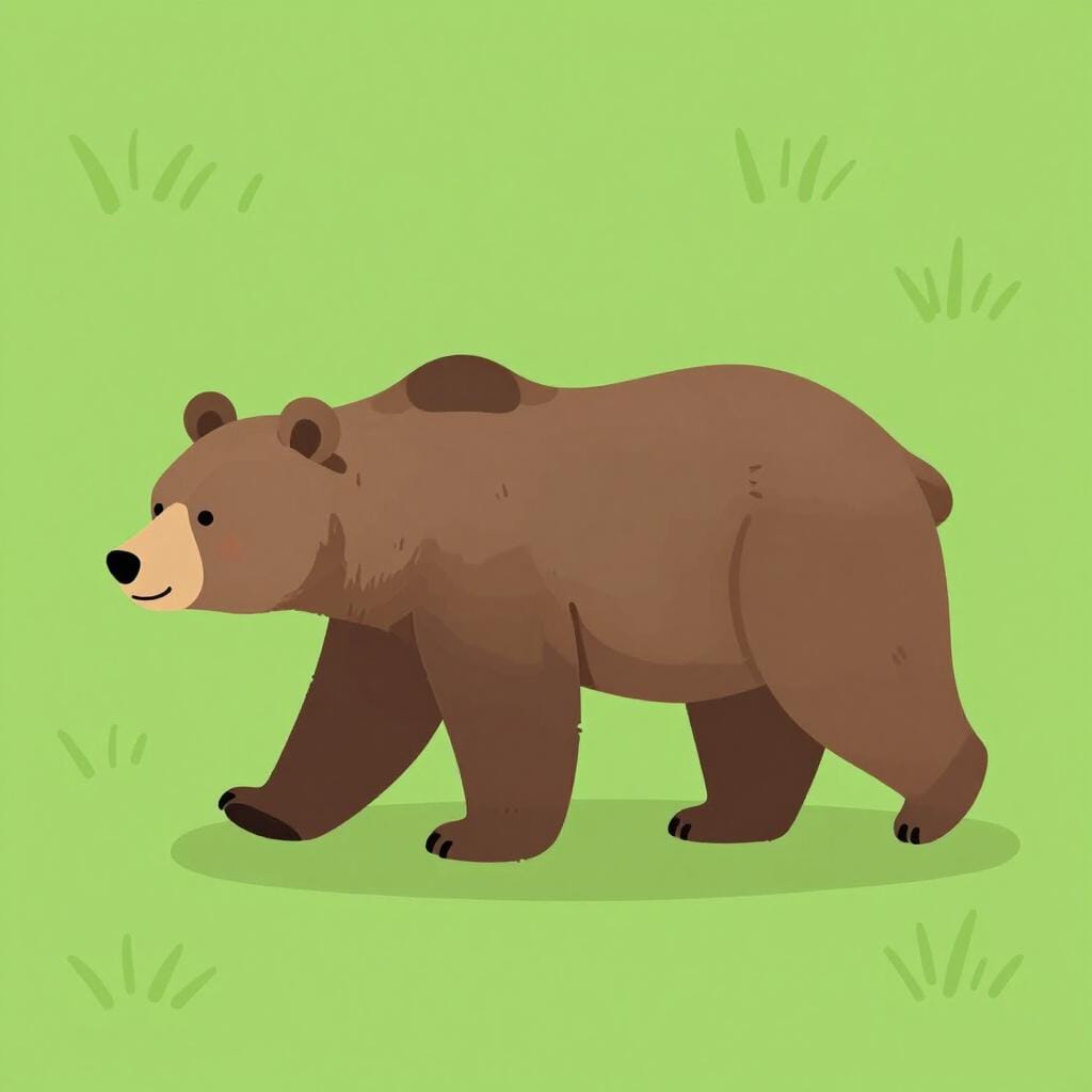 A brown bear walking across a grassy field with mountains in the background.