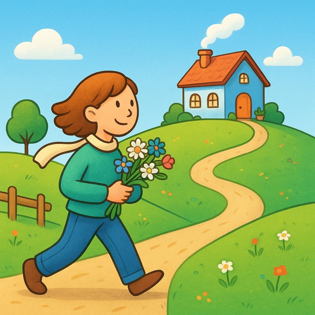 A cheerful person carrying a small bouquet of flowers is walking along a path, clearly heading toward a friendly-looking house in the distance.